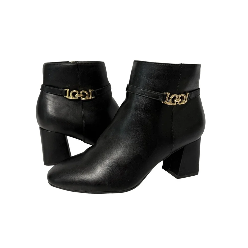 Liz Claiborne Monte Black Faux Leather Gold Hardware Block Heel‎ Ankle Boots 8W